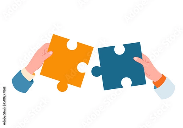 Obraz Two hands hold puzzle pieces as a solution to a problem. Solution, unity, partnership concept, teamwork, work and joint project completion in cooperation. Vector