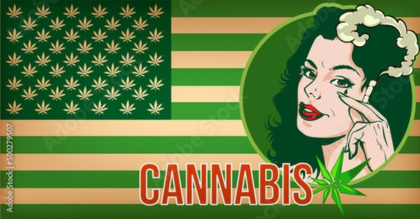Obraz Vintage vector image USA flag when cannabis total legalize. And gorl smoker with joint