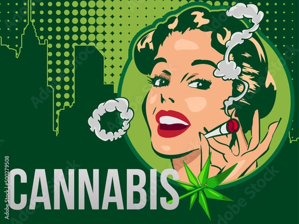 Obraz Vintage vector design template with lady cannabis smoker. The joint in her arm. Cannabis leaf