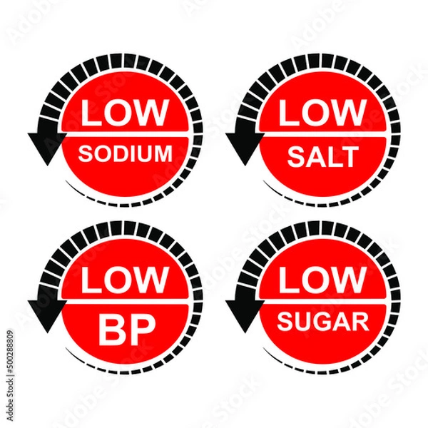 Fototapeta Low sodium, low salt, low bp, low sugar labels set. labels collection. 