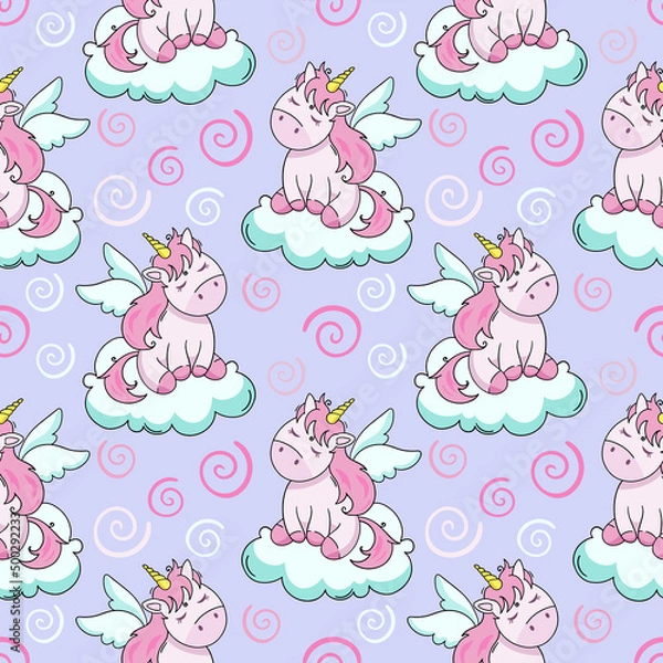 Fototapeta Cute cartoon unicorn, vector seamless pattern in the style of doodles, hand-drawn