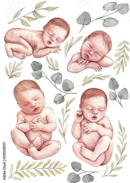 Obraz watercolor newborn sleeping babies
