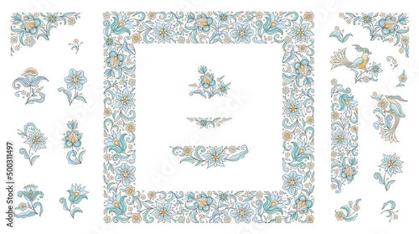 Fototapeta Vector floral set, frame, vignette, border, card design template. Elements in Eastern style. Floral borders, flower ethnic illustration. Indian ornaments. Isolated ornament.