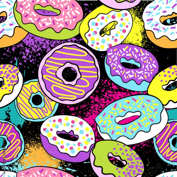 Obraz Vector seamless pattern with colorful donuts with rainbow background.