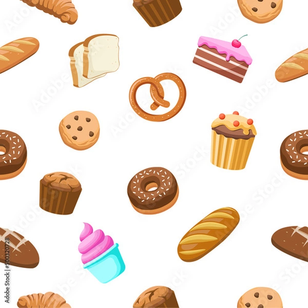 Fototapeta Bakery products and desserts seamless pattern flat vector illustrations. Bread, donut, croissant, muffin, cookies. Bakery food illustrations. Sweet products. Baking Showcases icon.	
