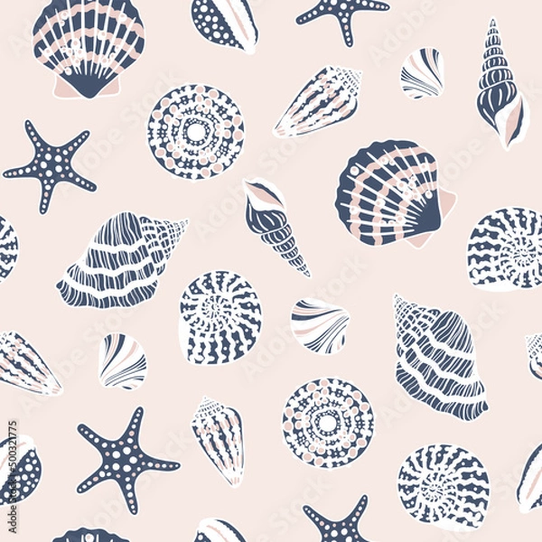 Obraz Sea shells, fossils and mollusks seamless pattern. Summer beach hand-drawn seaside vector print. Fashion textile bright multicolored illustration. Seashore elements design for fabrics, wallpaper