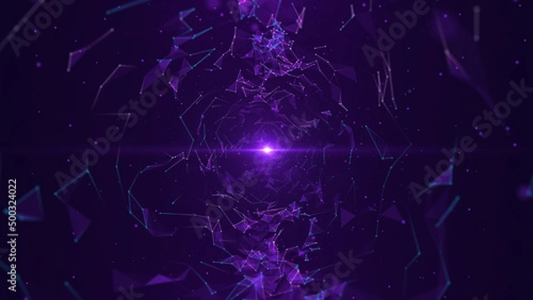 Obraz Abstract purple background. A futuristic tunnel of moving lines and dots. Network connection. Internet connection worldwide. Visualization of big data. 3d rendering.