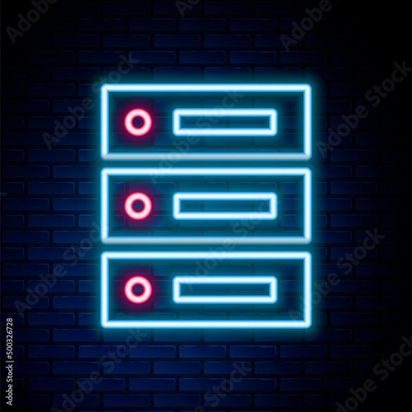Fototapeta Glowing neon line Server, Data, Web Hosting icon isolated on brick wall background. Colorful outline concept. Vector