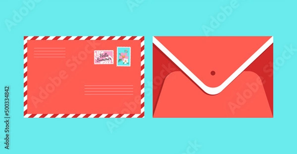 Obraz Set of vector envelopes with summer floral stamps. Postal letters - Hello Summer. Red envelopes on a blue isolated background. flat style