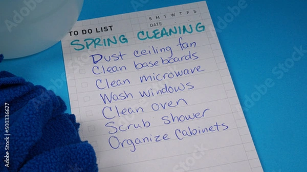 Fototapeta To do list of tasks for spring cleaning in the house.