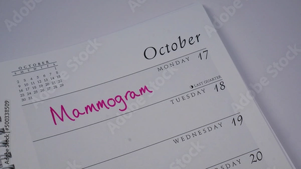 Obraz Mammogram scheduled on a calendar in October, which is Breast Cancer Awareness month.
