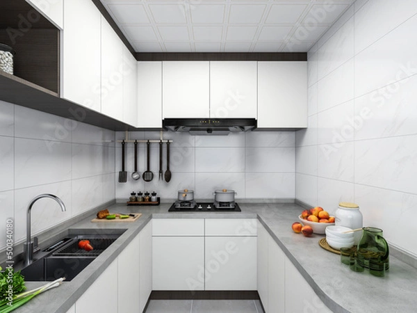 Fototapeta 3D rendering,Spacious modern luxurious kitchen with bar design.