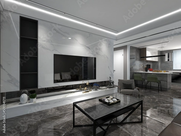 Fototapeta 3D rendering, spacious living room design of modern residence, with sofa, tea table, decorative painting, etc