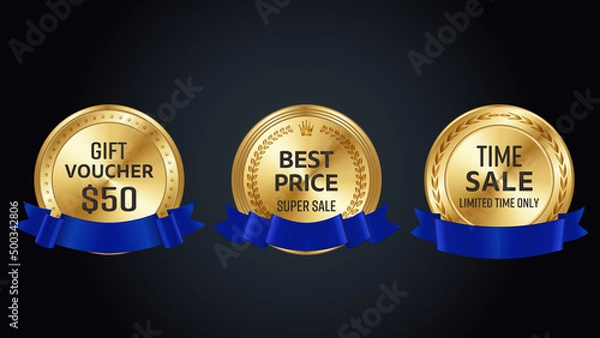 Fototapeta 青のリボン付き金のラベルのベクターイラストセット