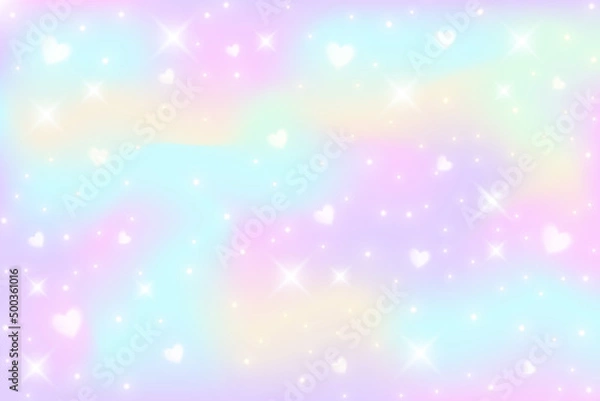 Fototapeta Rainbow fantasy background. Holographic illustration in pastel colors. Multicolored sky with stars and hearts. Vector
