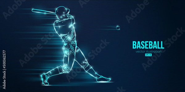 Obraz Abstract silhouette of a baseball player on blue background. Baseball player batter hits the ball. Vector illustration