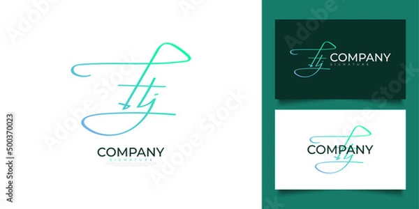 Fototapeta Minimalist Letter H and J Logo Design with Handwriting Style in Green Gradient Concept. HJ Initial Signature for Logo or Business Identity