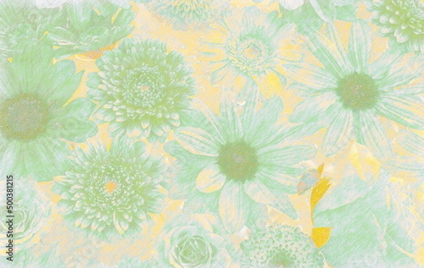 Obraz Roses and gerberas painted in green pastel