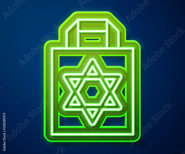 Fototapeta Glowing neon line Shopping bag with star of david icon isolated on blue background. Package sign. Vector