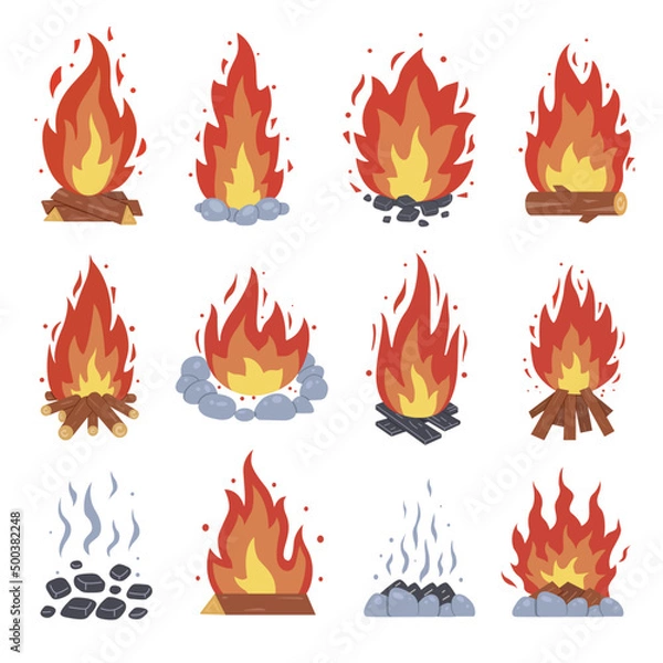 Fototapeta Campfire different types. Vector burning bonfire frames. Camping fire collection. Fireplace with fire coals or woodfire in cartoon style set. Vector illustration