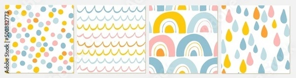 Fototapeta Childish seamless patterns set, different decorative design, pastel colors. Hand drawn Rainbow, stripes, dots, rain drops. Vector geometric backgrounds.