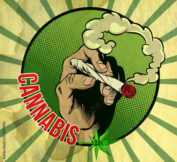 Obraz Arm holding joint witj cannabis. Vector design template vintage style on old yellow page. Smoking joint with marijuana in the arm