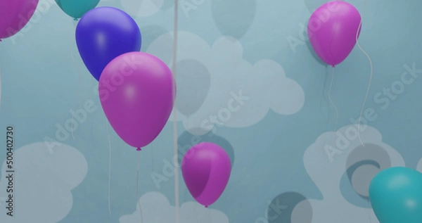 Fototapeta Floating balloons on pastel colours over a blue background decorated with clouds. 3D render illustration
