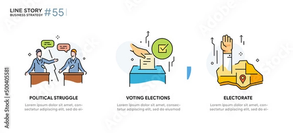 Fototapeta Set of illustrations icons elections, voting. debits, electorate