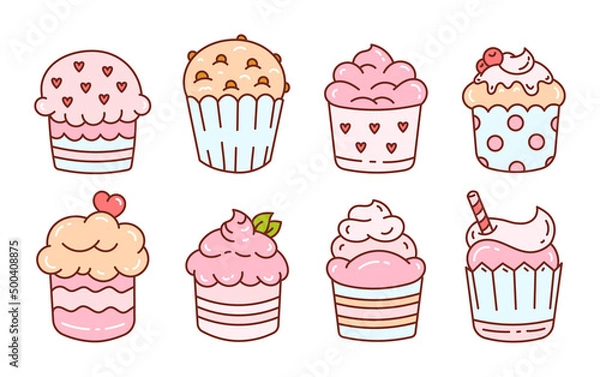 Fototapeta A set of doodles cakes with cream and berries, sweets. Doodle illustration isolated on white background.	