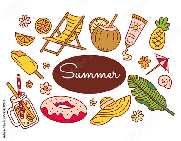 Fototapeta A set of summer doodle elements, a cartoon. Beach, vacation, summer time. The heat, the sea. Isolated on a white background.	