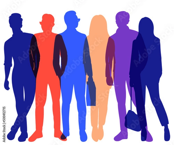 Fototapeta people stand multi-colored silhouette, on a white background, isolated, vector