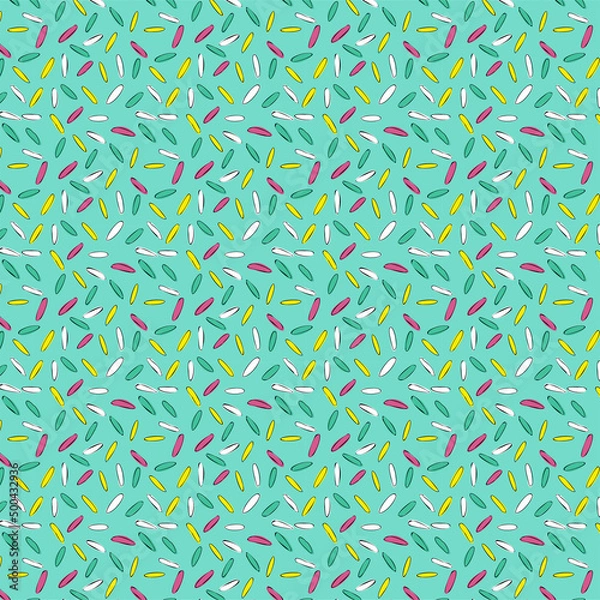 Fototapeta Desktop wallpaper, pattern on fabric, background. Donuts with icing and sprinkles, desserts, cakes. Confetti, pattern, colored glaze. Vector pattern.