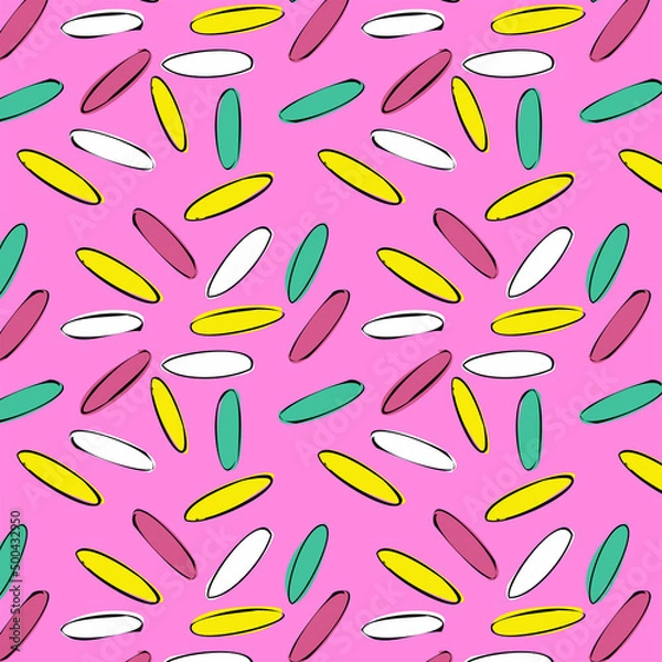 Fototapeta Desktop wallpaper, pattern on fabric, background. Donuts with icing and sprinkles, desserts, cakes. Confetti, pattern, colored glaze. Vector pattern.