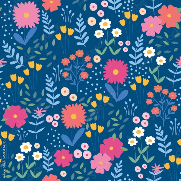 Fototapeta Vector seamless floral pattern. Endless pattern can be used for fabric, wallpaper, pattern fills, web page background, surface textures. Hand drawn flowers leaves and elements.