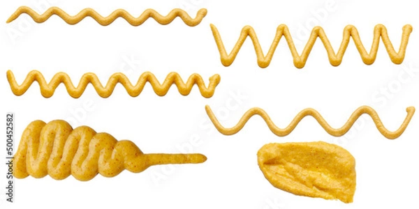 Obraz Mustard sauce in the form of lines. Collection of mustard sauce wavy lines isolated on white background.
