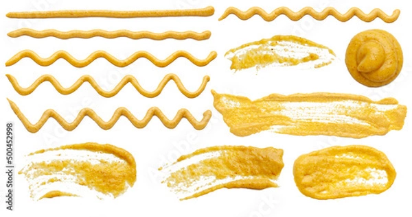 Obraz Mustard sauce in the form of lines. Collection of mustard sauce wavy lines isolated on white background.