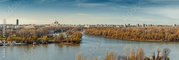 Obraz Kalemegdan Usce Sava and Danube river Confluence, New Belgrade, Zemun on autumn afternoon