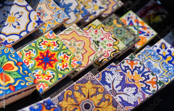 Fototapeta Multicolored Portugal azulejo souvenir tiles background