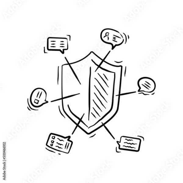Obraz Vector illustration of shield in doodle style on white background.