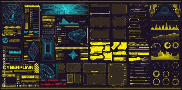 Obraz Sci-fi futuristic hud dashboard display virtual reality technology screen. Trendy 2022 shapes with HUD interface in concept Cyberpunk. Futuristic user Interface.Statistics, data infographic. Frame set