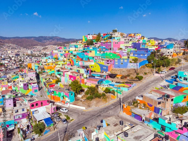 Fototapeta Colorful buildings in Cubitos district in Pachuca, Hidalgo state, Mexico. Grand Mural - the biggest Mural in the World