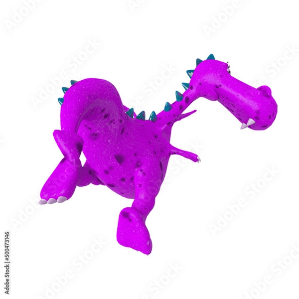 Fototapeta baby dragon is flying and looking back on white background hear view