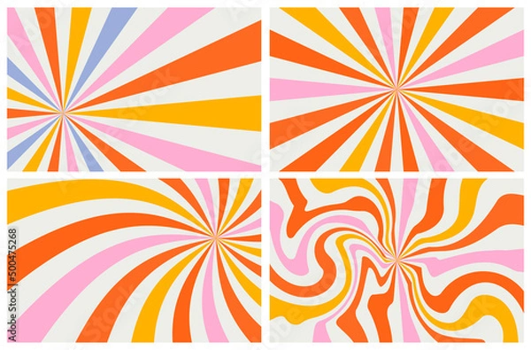 Fototapeta set acid wave rainbow line backgrounds in 1970s 1960s hippie style. carnival wallpaper patterns retro vintage 70s 60s groove. psychedelic poster background collection. vector design illustration