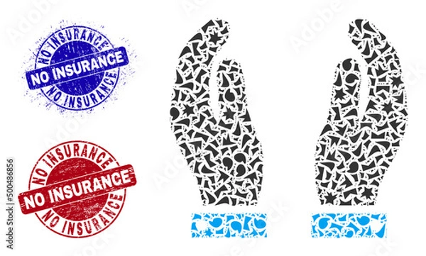 Fototapeta Round NO INSURANCE unclean stamp prints with tag inside round forms, and detritus mosaic care hands icon. Blue and red stamp seals includes NO INSURANCE tag. Care hands mosaic icon of spall elements.