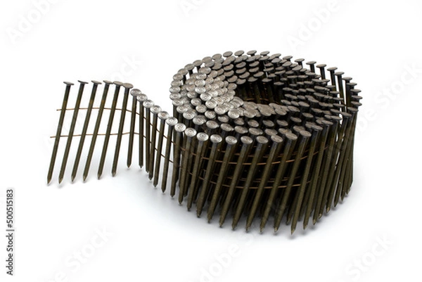 Fototapeta Closeup roll wire connected nails white background