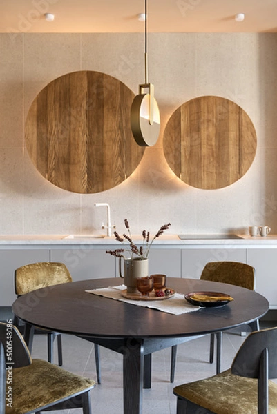 Obraz kitchen-studio in loft style, apartment with open plan loft style, dining area in the loft interior