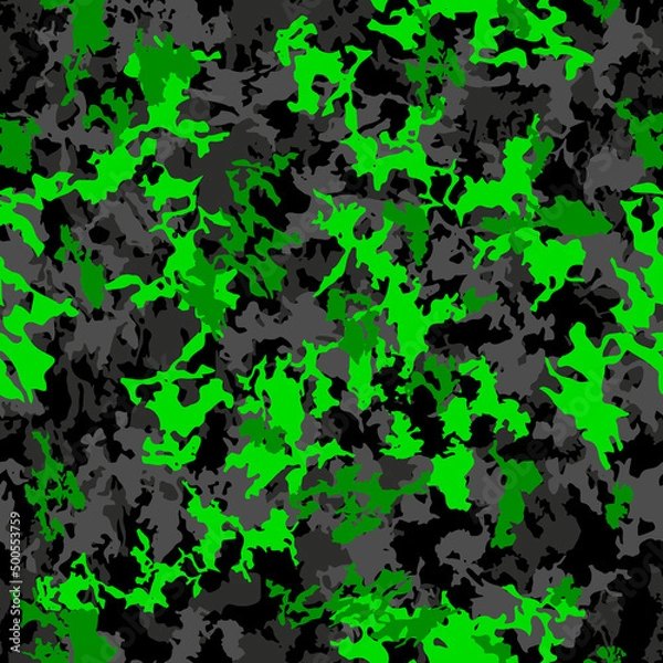 Fototapeta Vector camouflage seamless pattern. Abstract hunting military camo endless texture. Black grey acid lime green modern illustration