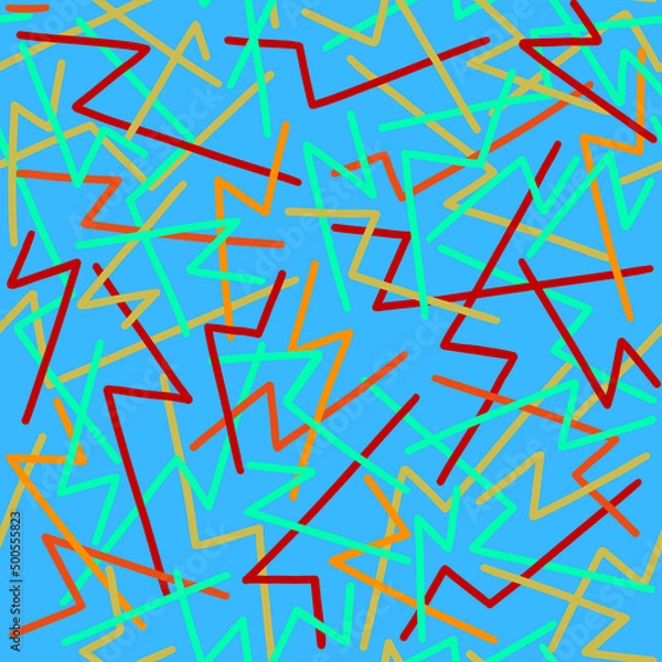 Fototapeta Abstract geometric seamless pattern with colorful broken lines, zigzags on a blue background