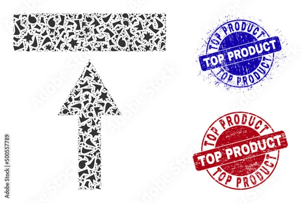 Obraz Round TOP PRODUCT corroded stamp seals with tag inside round forms, and debris mosaic move top icon. Blue and red stamp seals includes TOP PRODUCT caption. Move top collage icon of fraction parts.