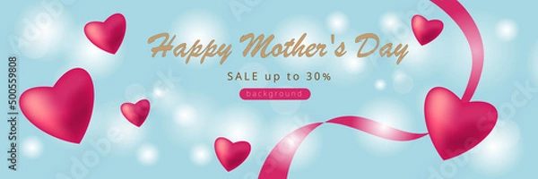 Fototapeta light blue background for mother's day with pink hearts and ribbon